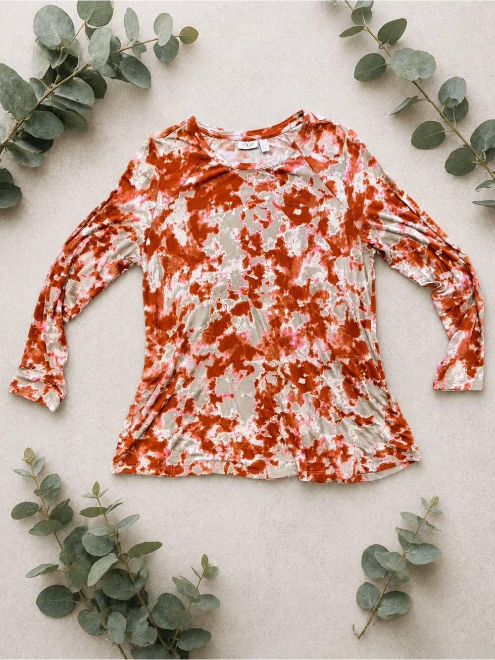 LOGO by Lori Goldstein Women's Long Sleeve Tie-Dye Top - Rust Pink Large